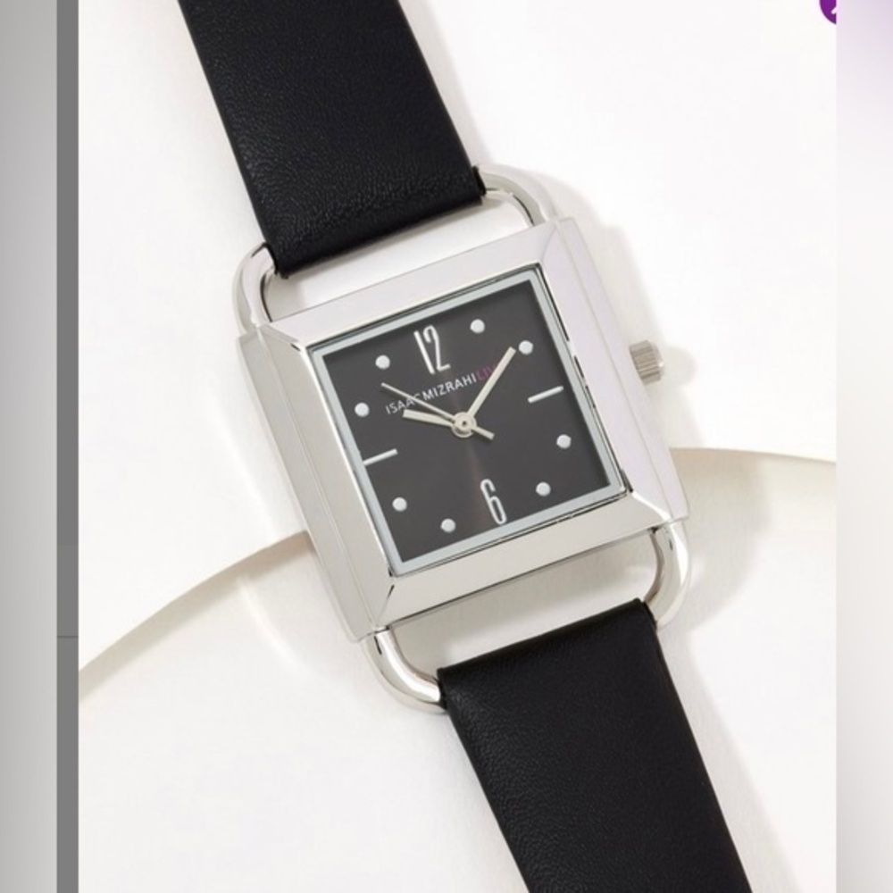 New in Box-Isaac Mizrahi Square Black Leather Strap Watch